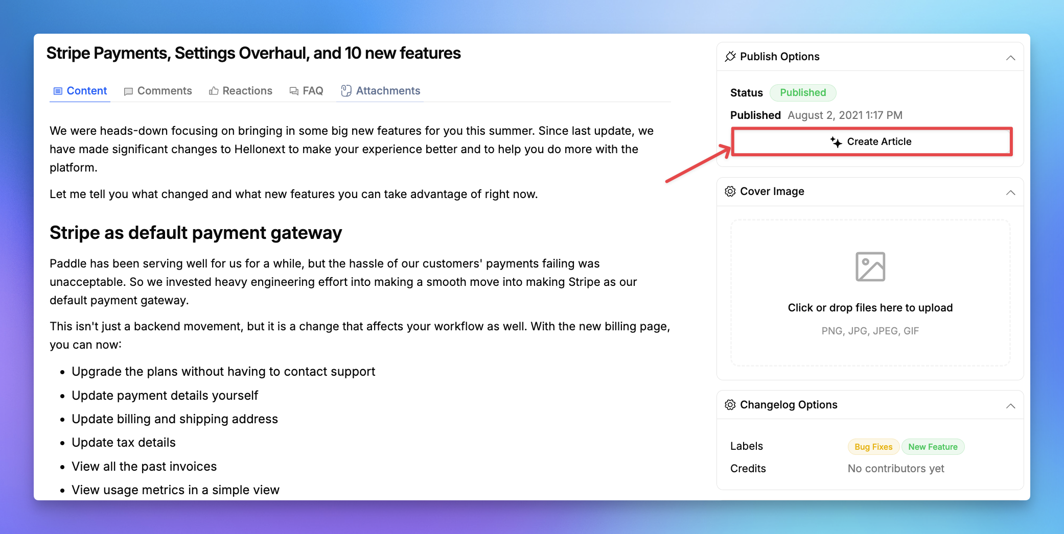 Changelog to Knowledge Base in FeatureOS